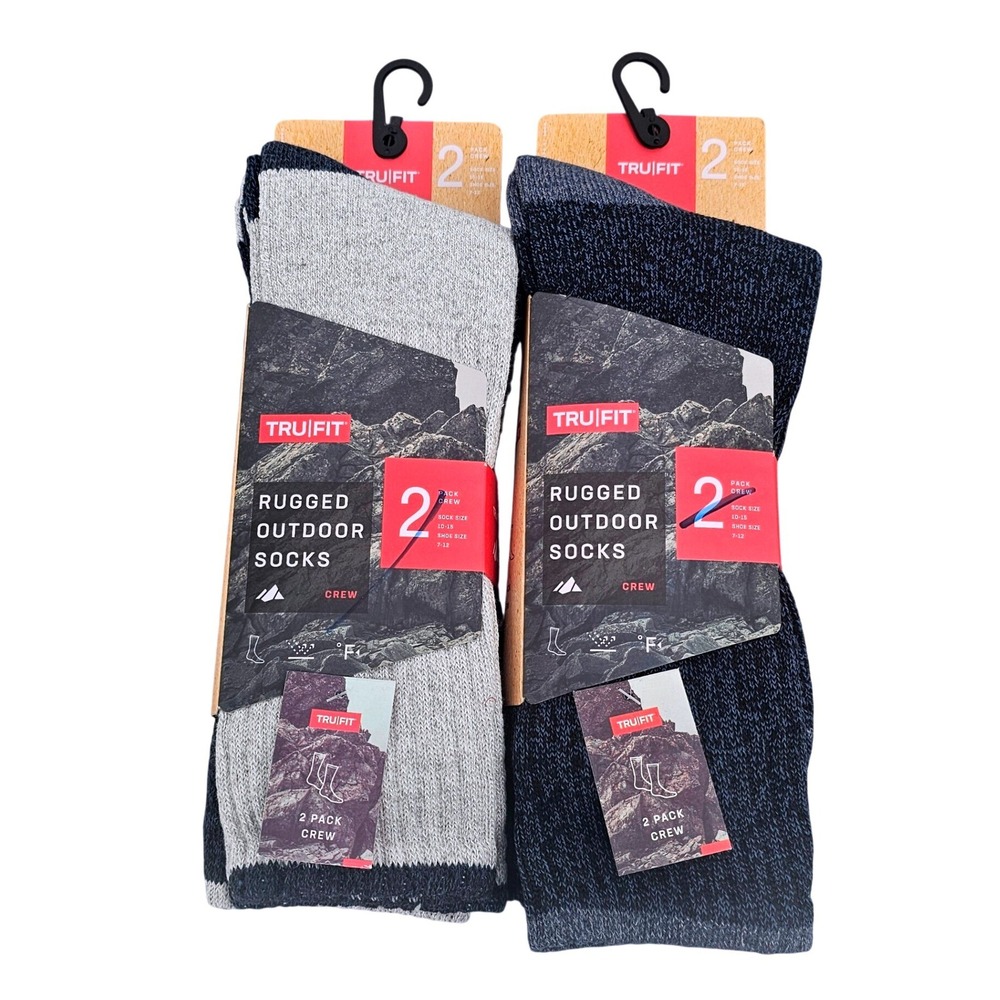 TruFit Rugged Outdoor Crew Socks 2-Pack Gray Navy Shoe Size 7-12 HKM2 4 Pairs